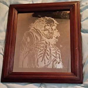 Skeleton Etched Mirror with Wooden Frame